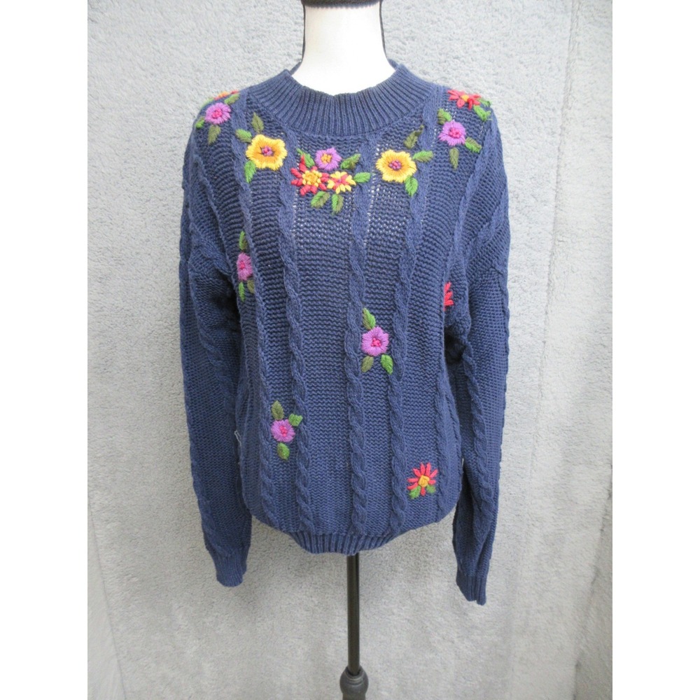 Vintage American Weekend Embroidered Sweater Women L Blue Floral Cottagecore